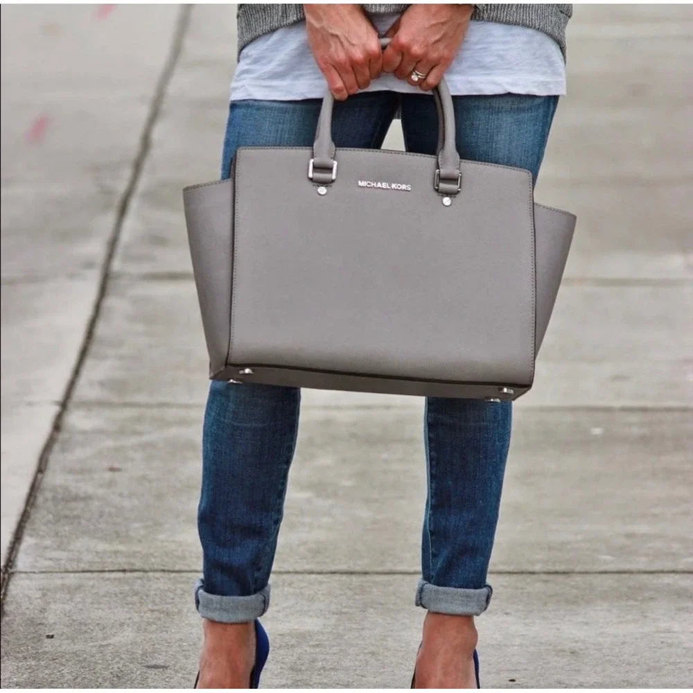 Michael Kors Selma Satchel Women Grey Saffiano Leather Professional Chic Large‎
